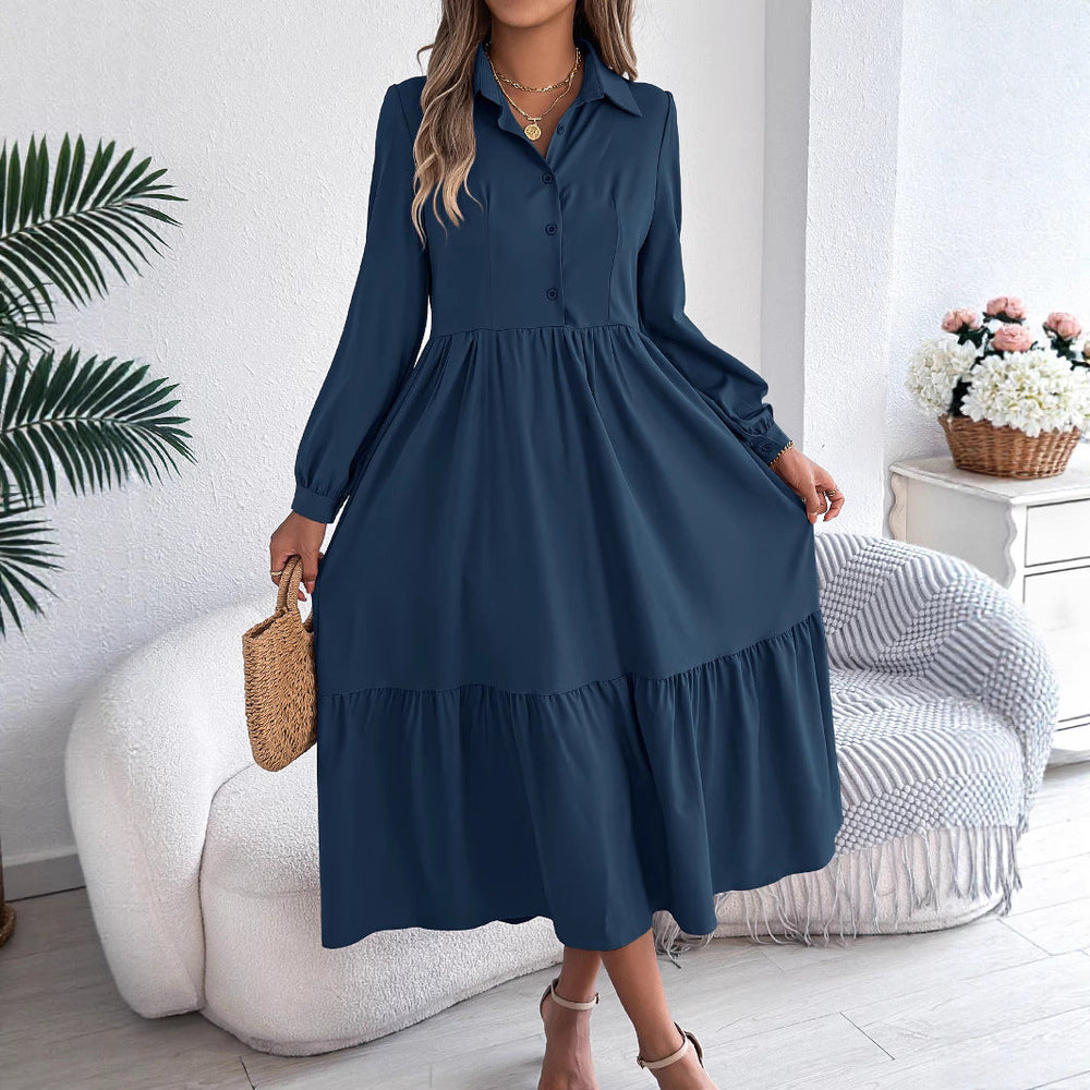 Women's Ruffle Midi Shirt Dress – Relaxed Long-Sleeve Style