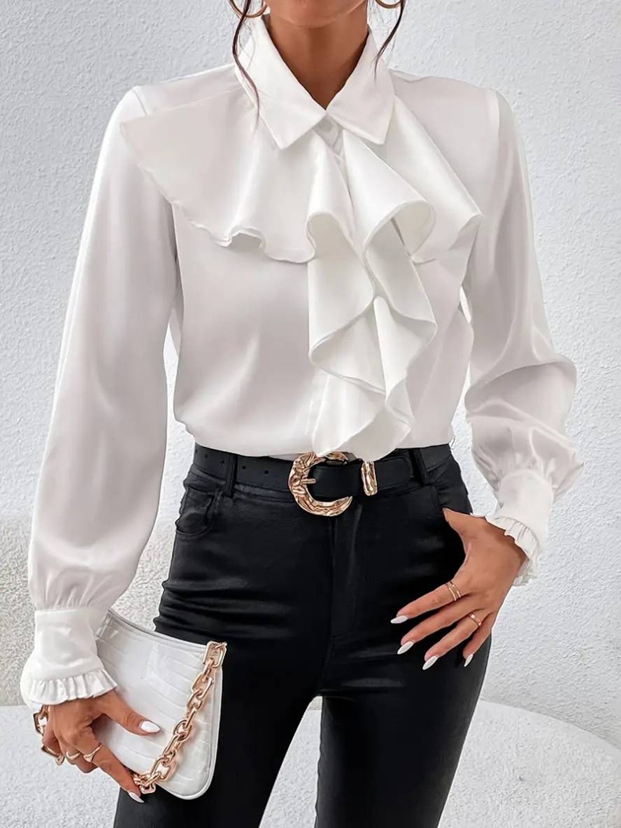 Women's Ruffled Jabot Blouse – Button Front with Long Bishop Sleeves, S–2XL