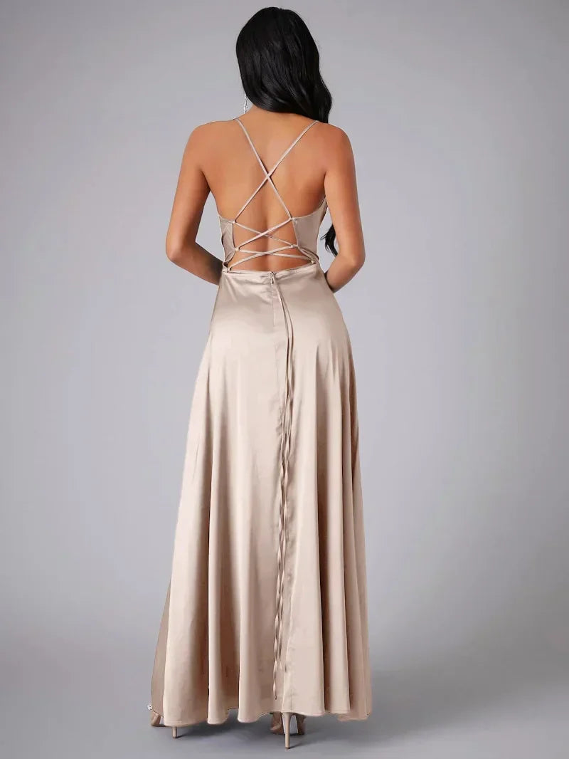 Women's Satin Backless Evening Dress with High Slit