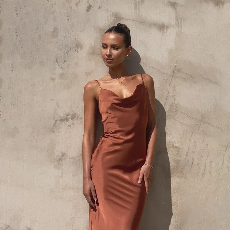 Women's Satin Cowl-Neck Maxi Dress – Fine Straps, S–2XL