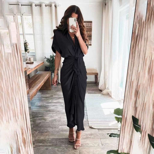 Women’s Satin-Effect Button Midi Dress with Gathered Waist