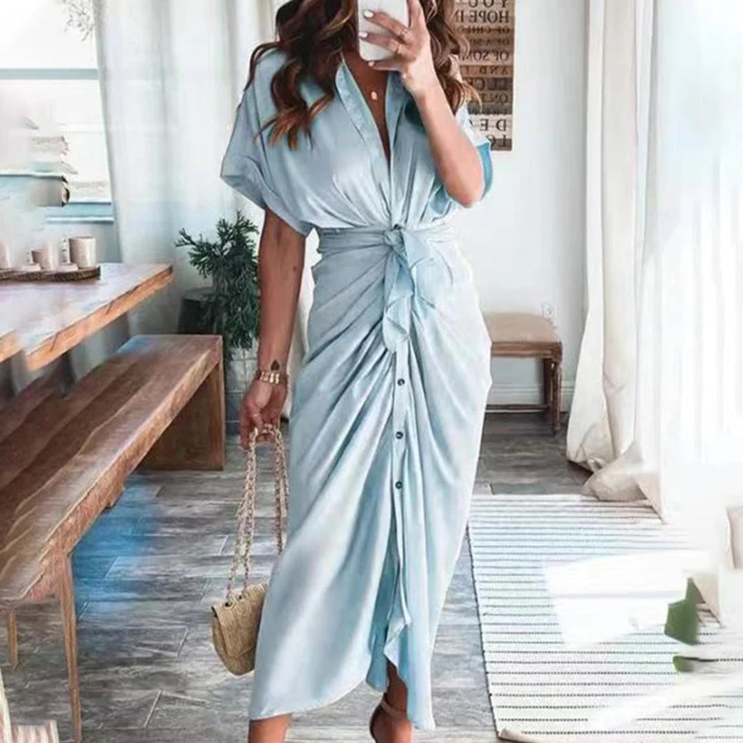 Women’s Satin-Effect Button Midi Dress with Gathered Waist