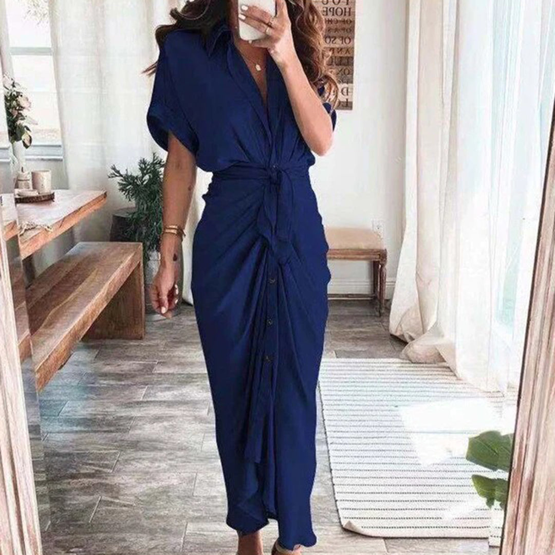 Women’s Satin-Effect Button Midi Dress with Gathered Waist