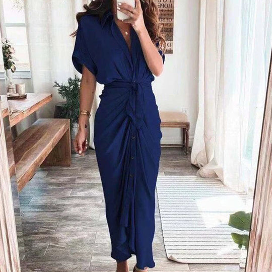 Women’s Satin-Effect Button Midi Dress with Gathered Waist