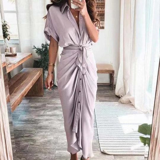 Women’s Satin-Effect Button Midi Dress with Gathered Waist
