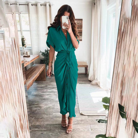 Women’s Satin-Effect Button Midi Dress with Gathered Waist