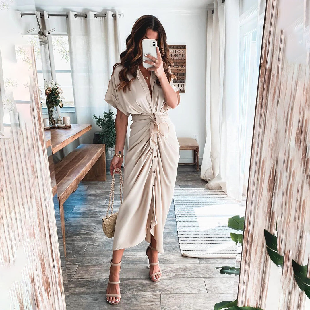 Women’s Satin-Effect Button Midi Dress with Gathered Waist