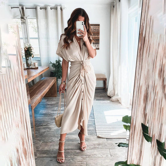Women’s Satin-Effect Button Midi Dress with Gathered Waist