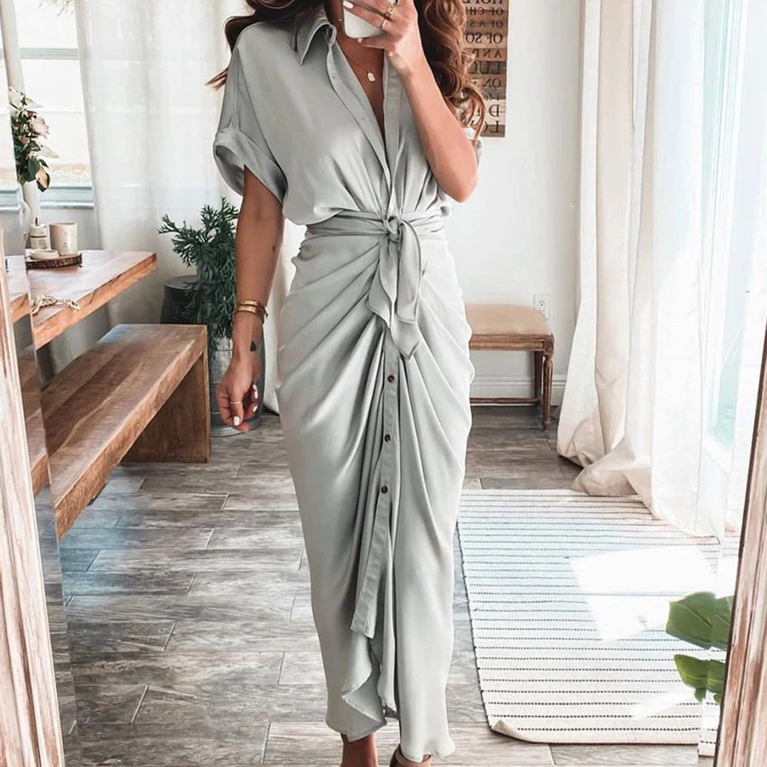 Women’s Satin-Effect Button Midi Dress with Gathered Waist