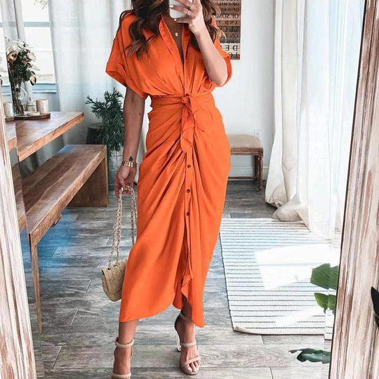 Women’s Satin-Effect Button Midi Dress with Gathered Waist