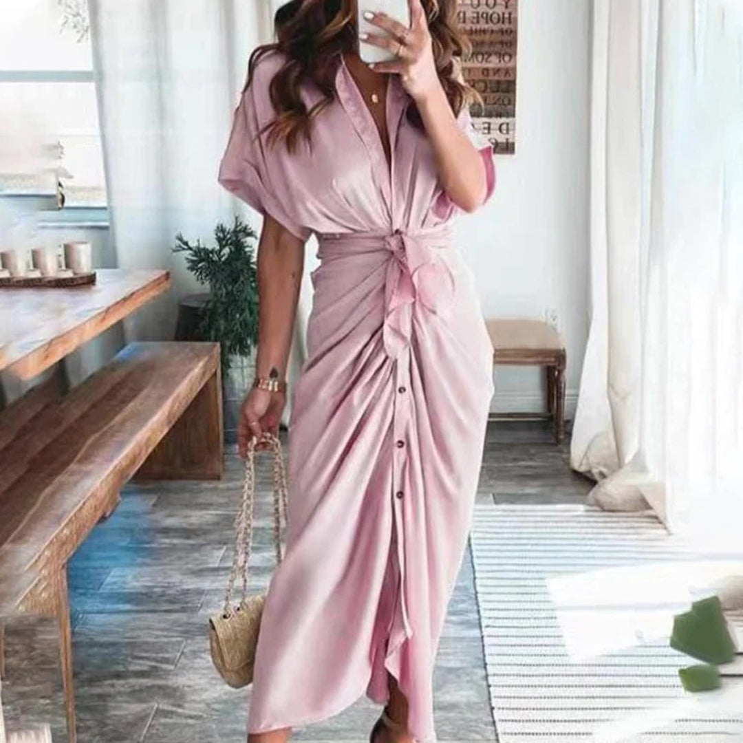 Women’s Satin-Effect Button Midi Dress with Gathered Waist