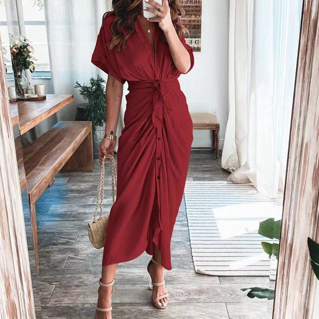 Women’s Satin-Effect Button Midi Dress with Gathered Waist