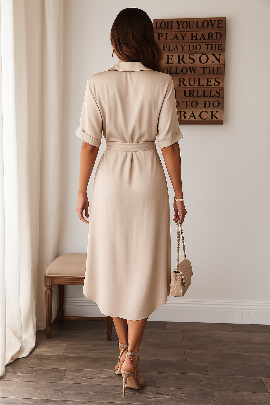 Women’s Satin-Effect Button Midi Dress with Gathered Waist