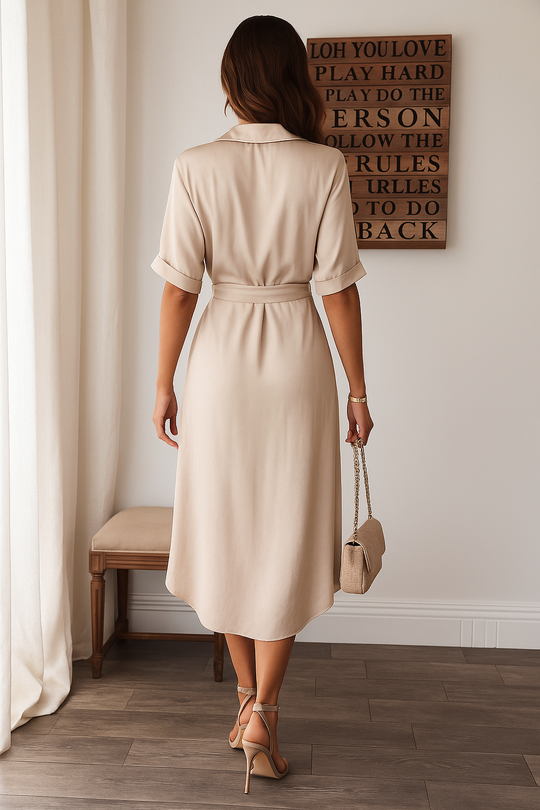 Women’s Satin-Effect Button Midi Dress with Gathered Waist