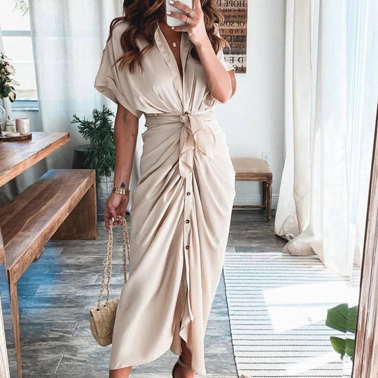 Women’s Satin-Effect Button Midi Dress with Gathered Waist