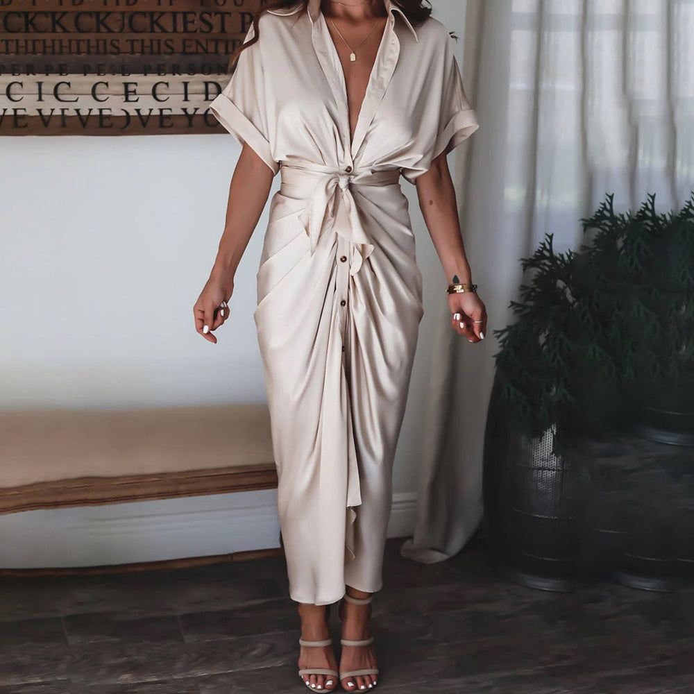 Women’s Satin-Effect Button Midi Dress with Gathered Waist