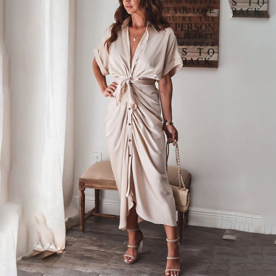 Women’s Satin-Effect Button Midi Dress with Gathered Waist