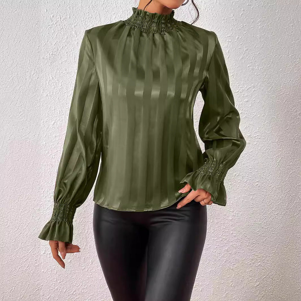Women's Satin High-Neck Blouse – Gathered Ruffle Cuffs and Long Sleeves