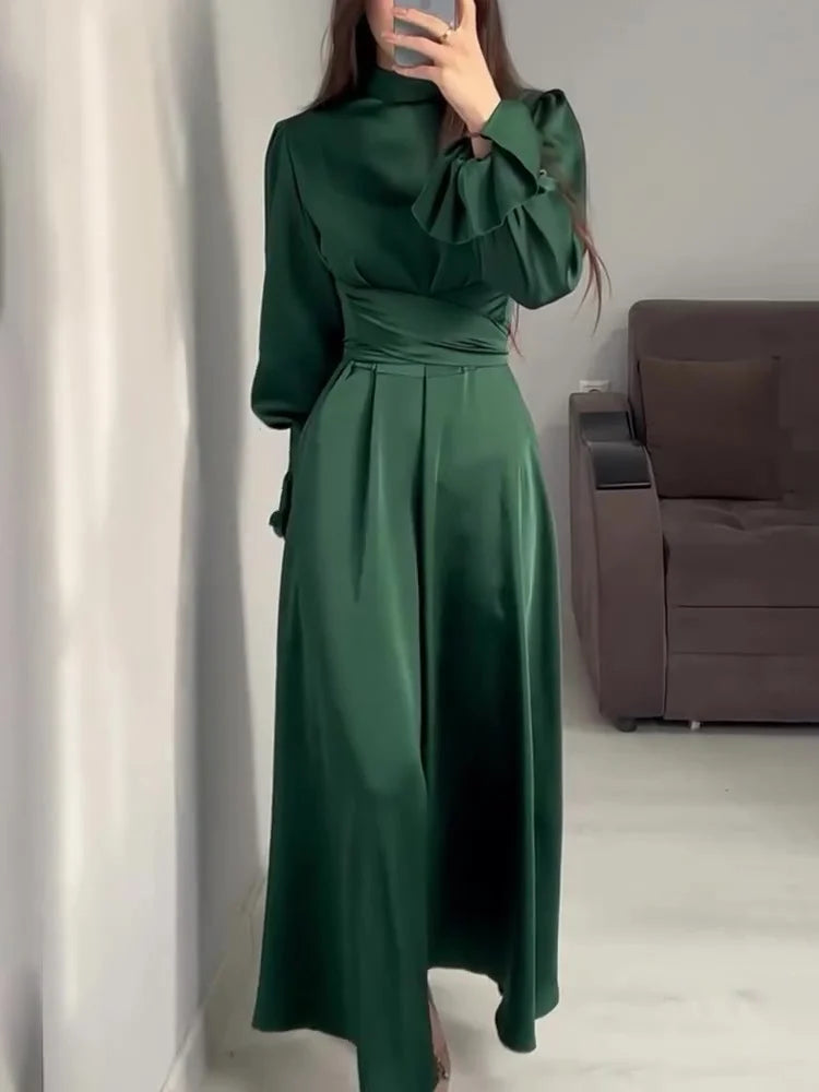 Women's Satin Maxi Evening Dress with High Neck and Long Puff Sleeves