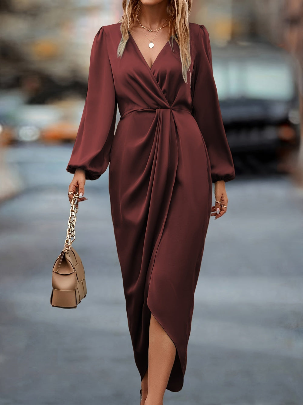 Women's Satin Midi Evening Dress with Balloon Sleeves and Asymmetric Hem