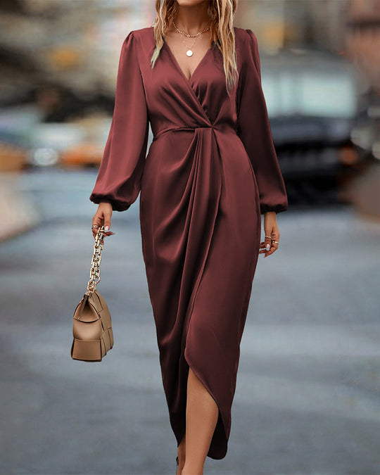 Women’s Satin Wrap Midi Dress with Bishop Sleeves and Front Slit