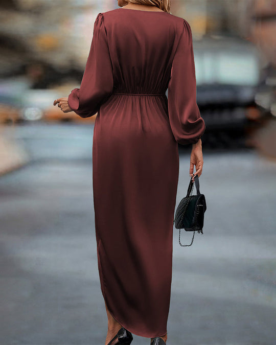 Women’s Satin Wrap Midi Dress with Bishop Sleeves and Front Slit