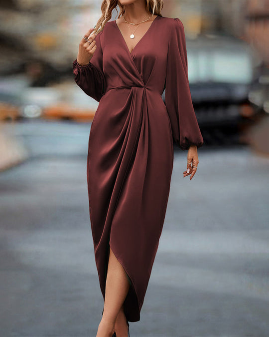 Women’s Satin Wrap Midi Dress with Bishop Sleeves and Front Slit