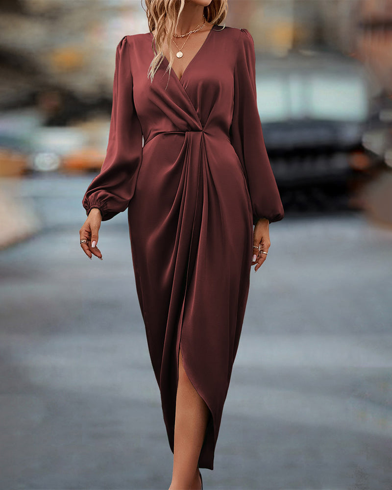Women’s Satin Wrap Midi Dress with Bishop Sleeves and Front Slit