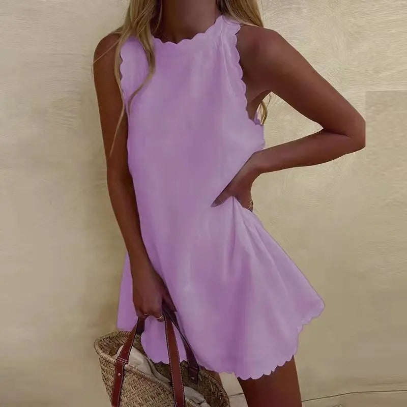Women’s Scalloped Mini Dress – Sleeveless A-Line Summer Style