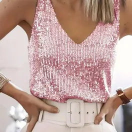 Women’s Sequin V-Neck Top – Glamorous Sleeveless Party Tank