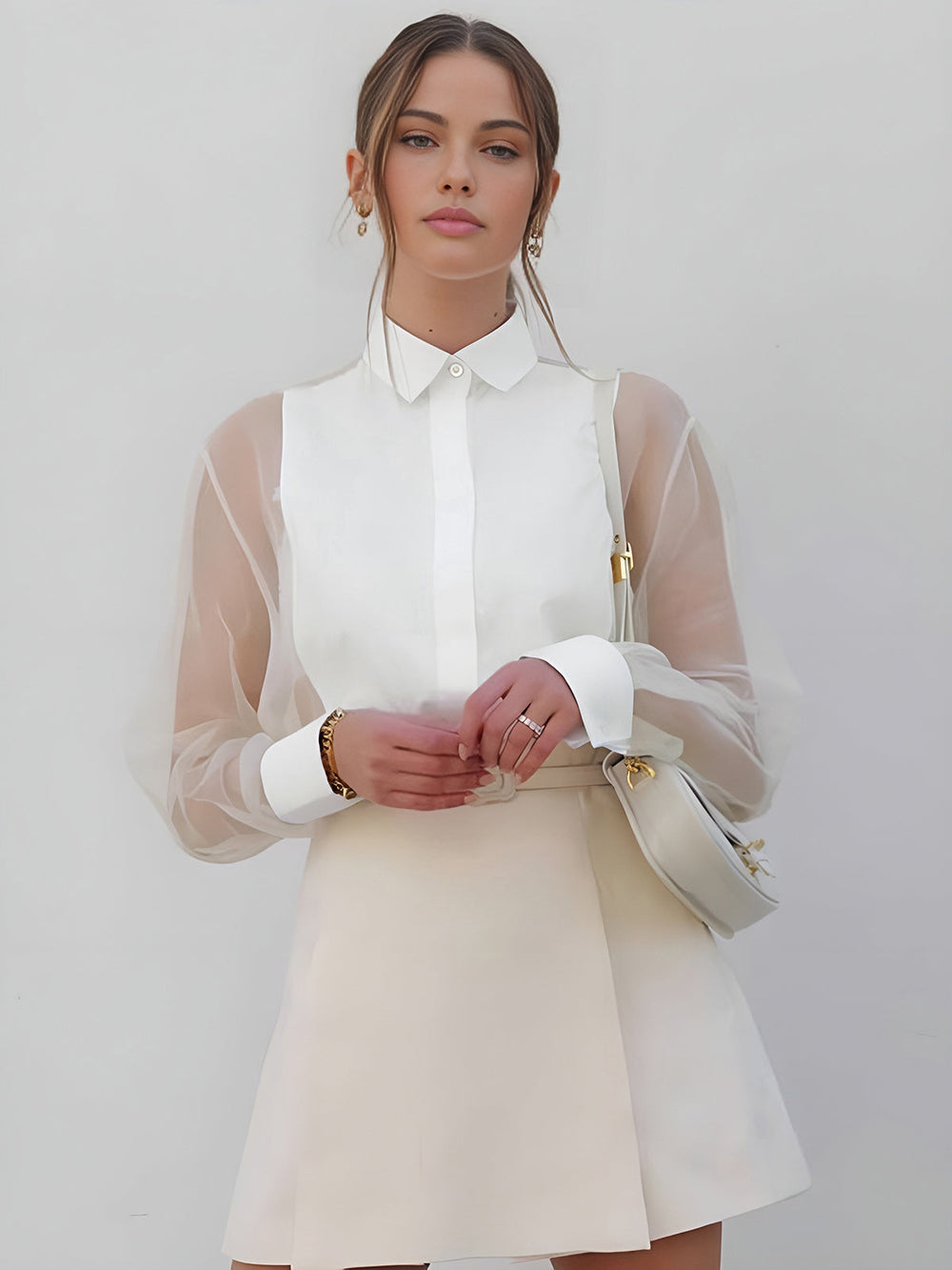 Women's Sheer-Sleeve Blouse – Structured Office and Evening Top