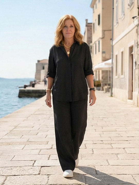 Women’s Shirt and Wide-Leg Trouser Set – Flowing Chic Two-Piece Outfit