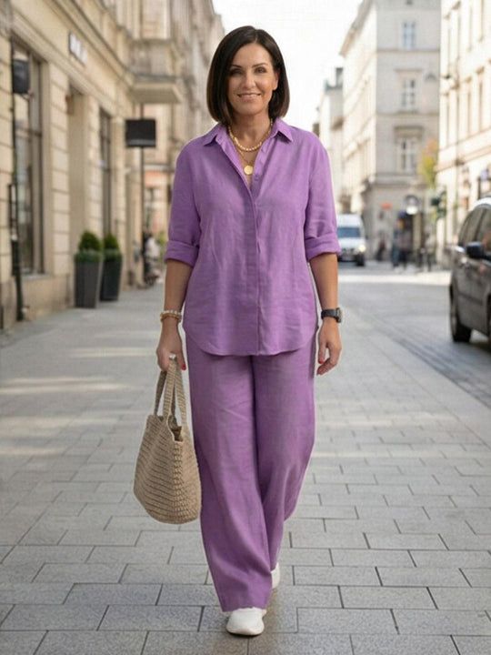 Women’s Shirt and Wide-Leg Trouser Set – Flowing Chic Two-Piece Outfit