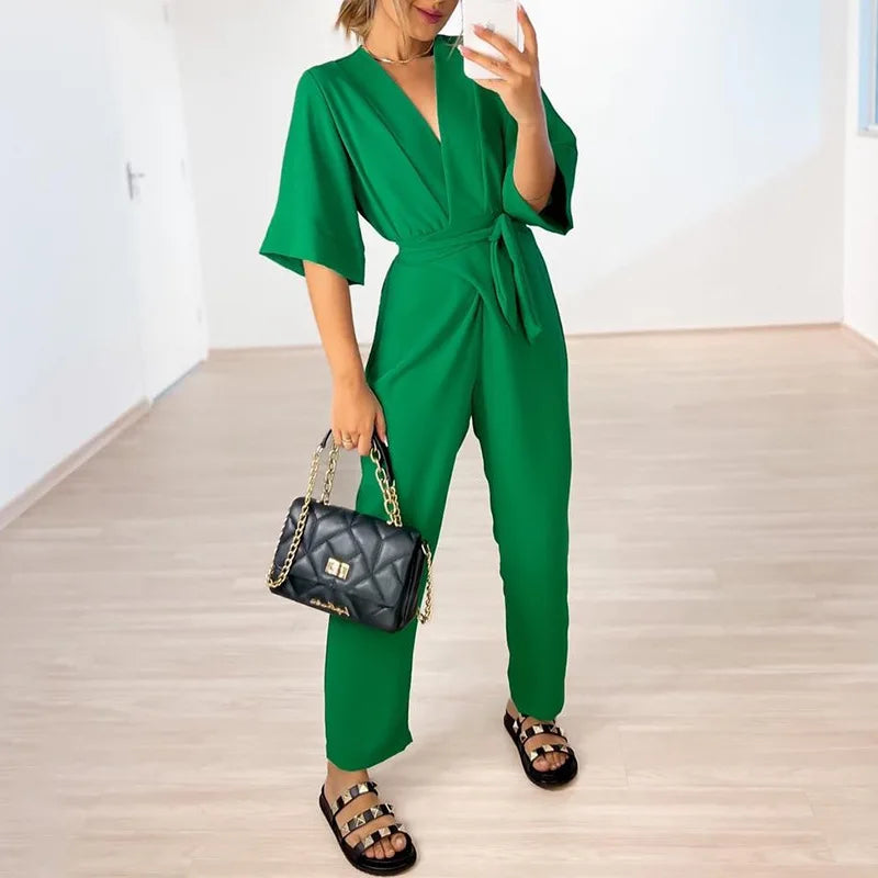 Women’s Short-Sleeve V-Neck Jumpsuit – Lightweight with Adjustable Waist