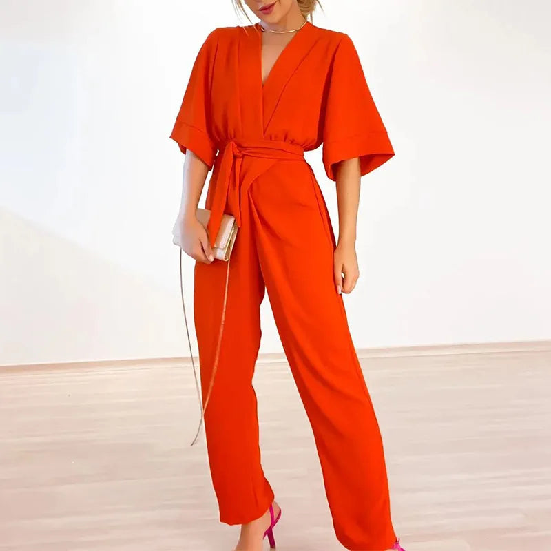 Women’s Short-Sleeve V-Neck Jumpsuit – Lightweight with Adjustable Waist