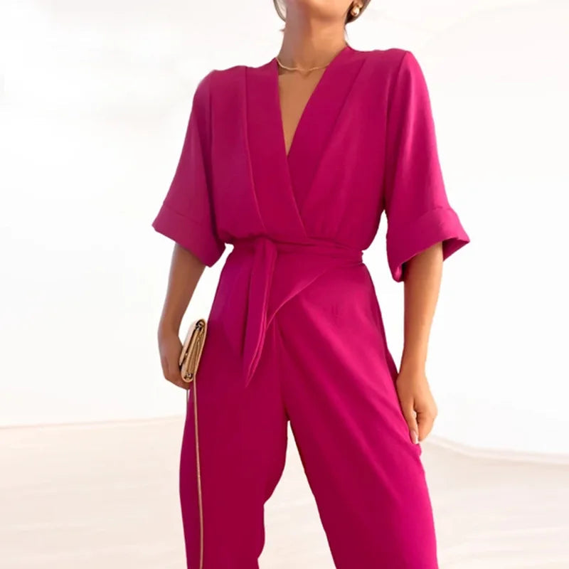 Women’s Short-Sleeve V-Neck Jumpsuit – Lightweight with Adjustable Waist