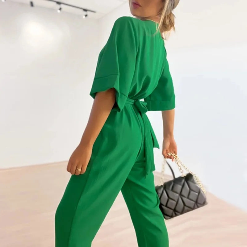 Women’s Short-Sleeve V-Neck Jumpsuit – Lightweight with Adjustable Waist