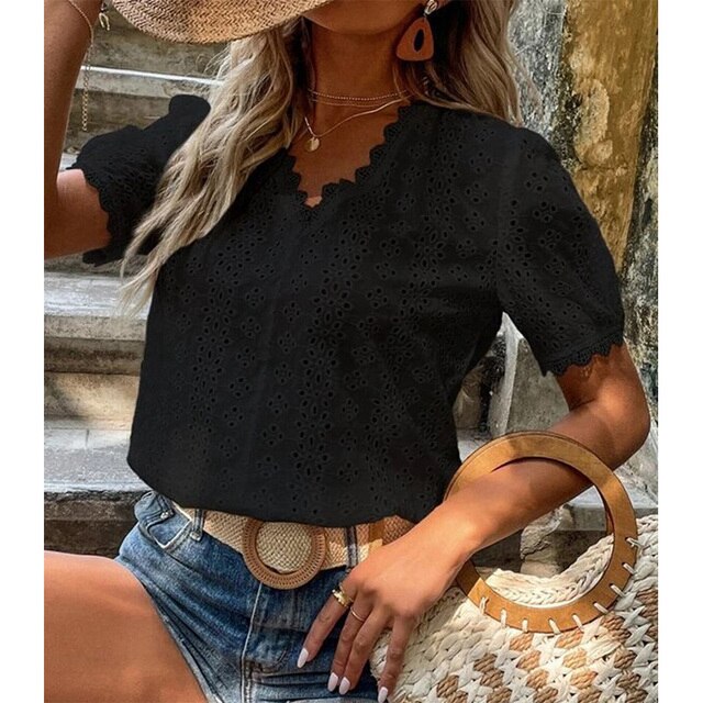 Women's Short-Sleeve V-Neck Lace Top for Easy Layering