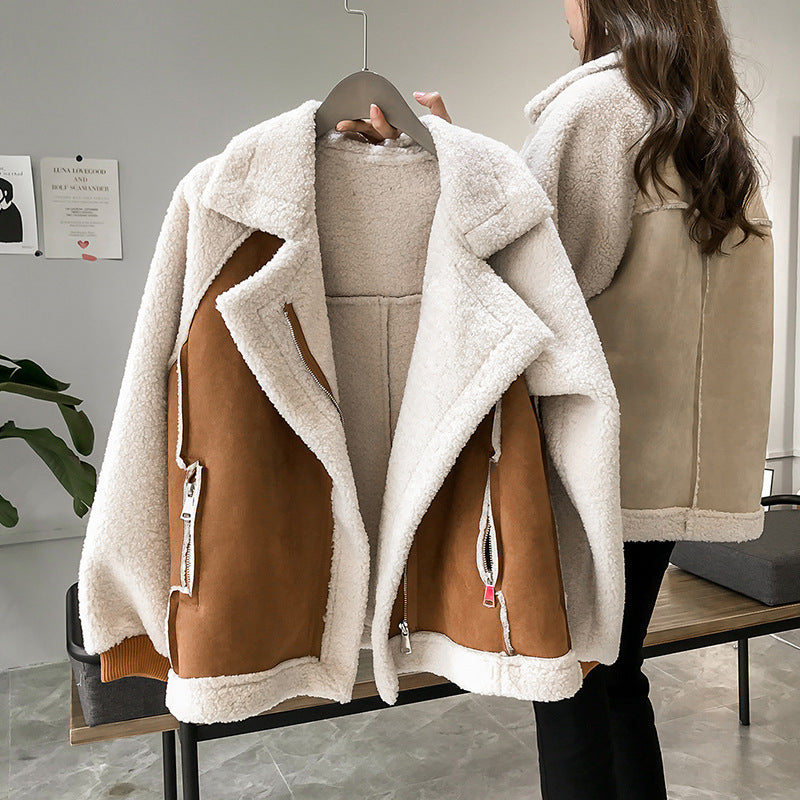Women's Short Suede Winter Coat with Plush Lining and Pockets