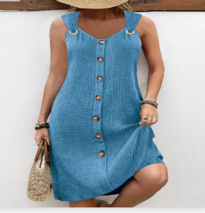 Women’s Sleeveless A-Line Midi Dress – Solid V-Neck Summer Style