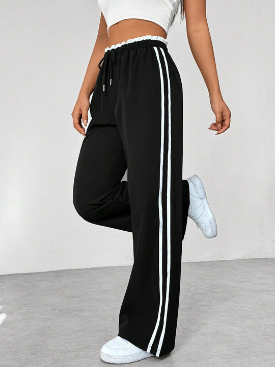 Women’s Sporty Wide-Leg Pants – Contrast Side Stripes and Drawstring Waist