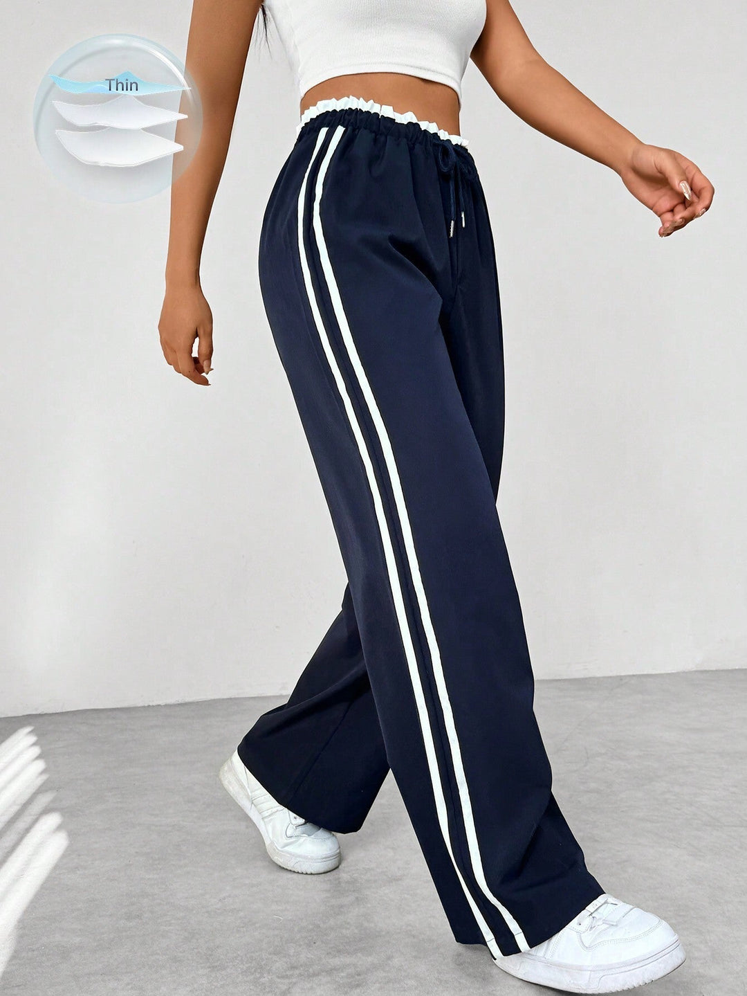 Women’s Sporty Wide-Leg Pants – Contrast Side Stripes and Drawstring Waist