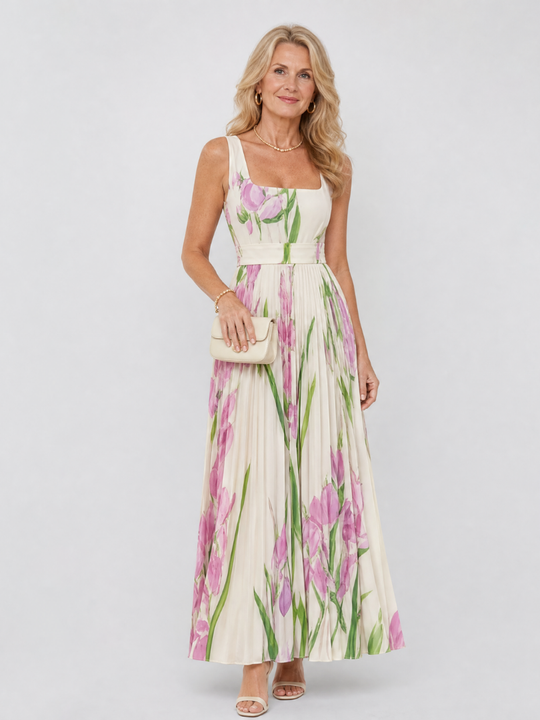 Women’s Square-Neck Pleated Midi Dress – Sleeveless Summer Style