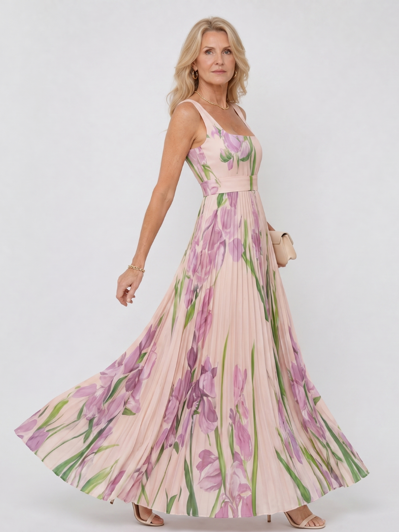 Women’s Square-Neck Pleated Midi Dress – Sleeveless Summer Style