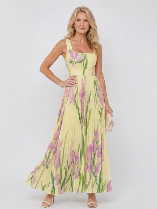 Women’s Square-Neck Pleated Midi Dress – Sleeveless Summer Style