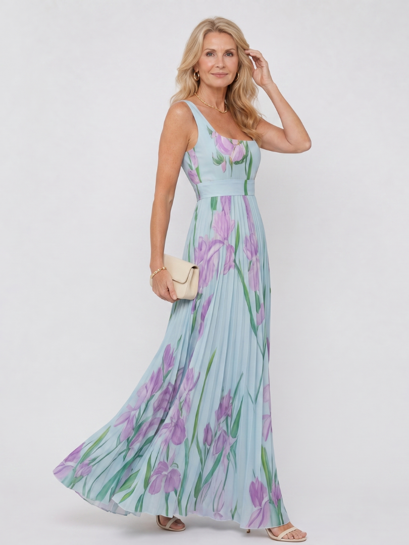 Women’s Square-Neck Pleated Midi Dress – Sleeveless Summer Style