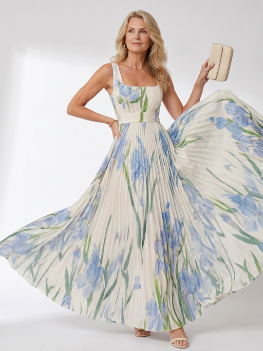 Women’s Square-Neck Pleated Midi Dress – Sleeveless Summer Style