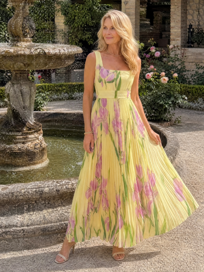 Women’s Square-Neck Pleated Midi Dress – Sleeveless Summer Style