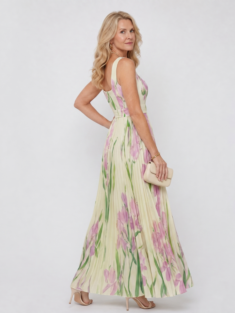 Women’s Square-Neck Pleated Midi Dress – Sleeveless Summer Style