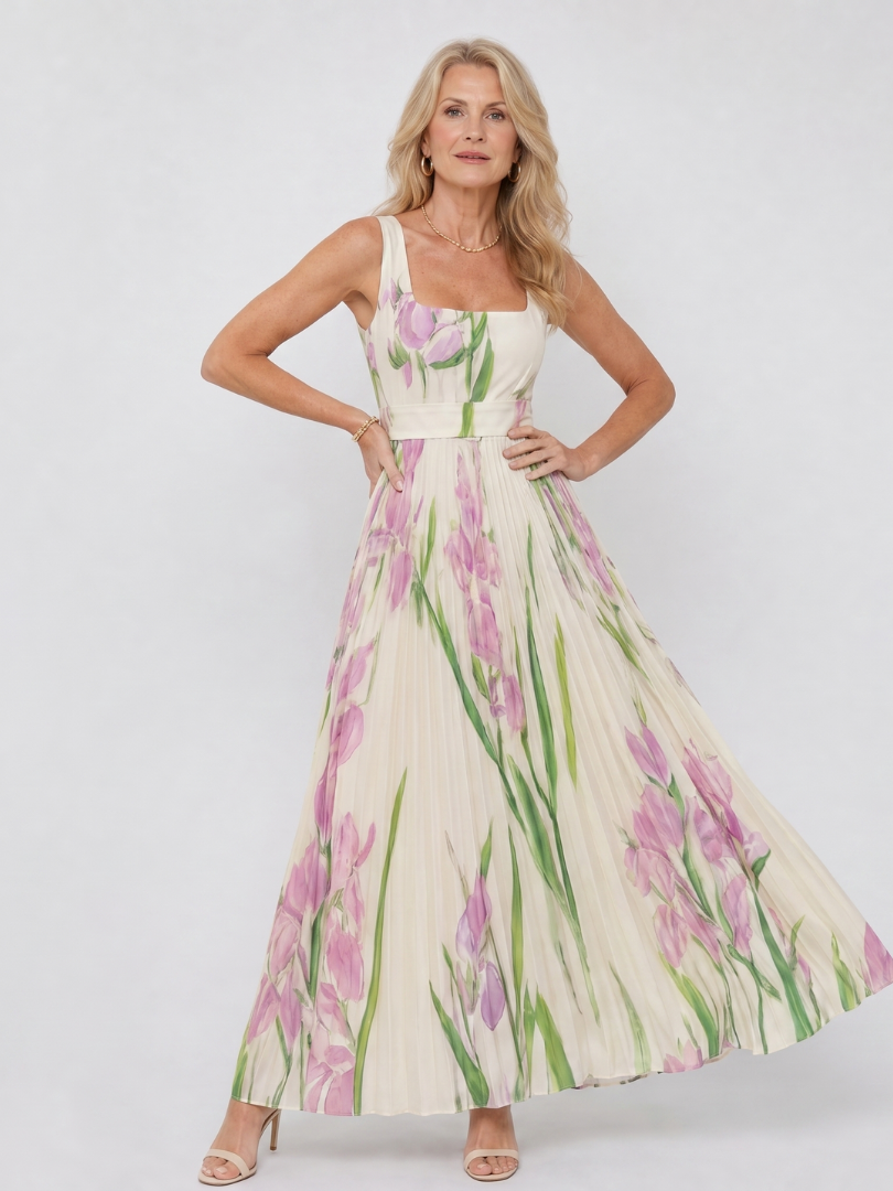 Women’s Square-Neck Pleated Midi Dress – Sleeveless Summer Style